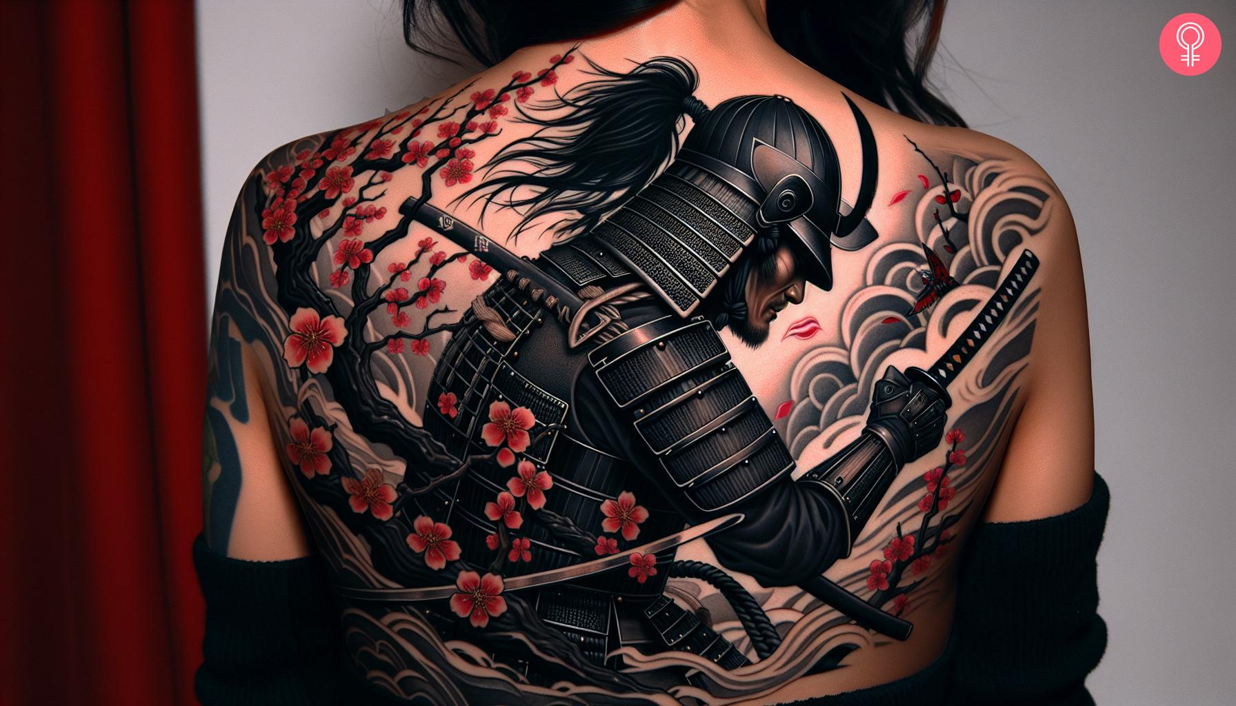 Woman with traditional Ronin tattoo on her upper back