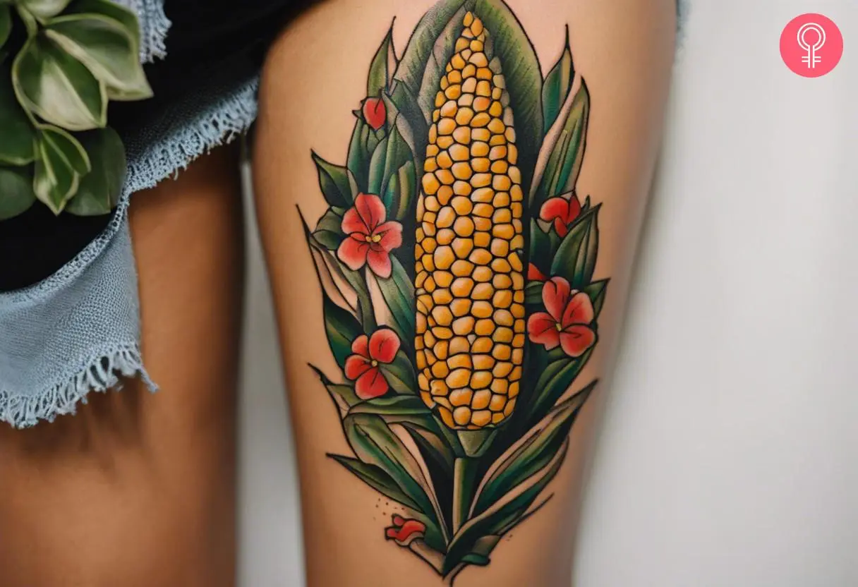 Woman with traditional corn tattoo on her thigh