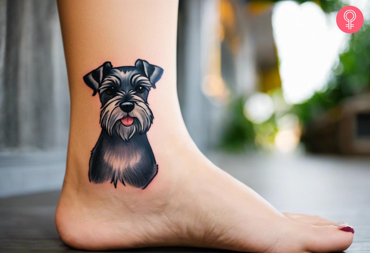 Woman with traditional schnauzer tattoo on her ankle