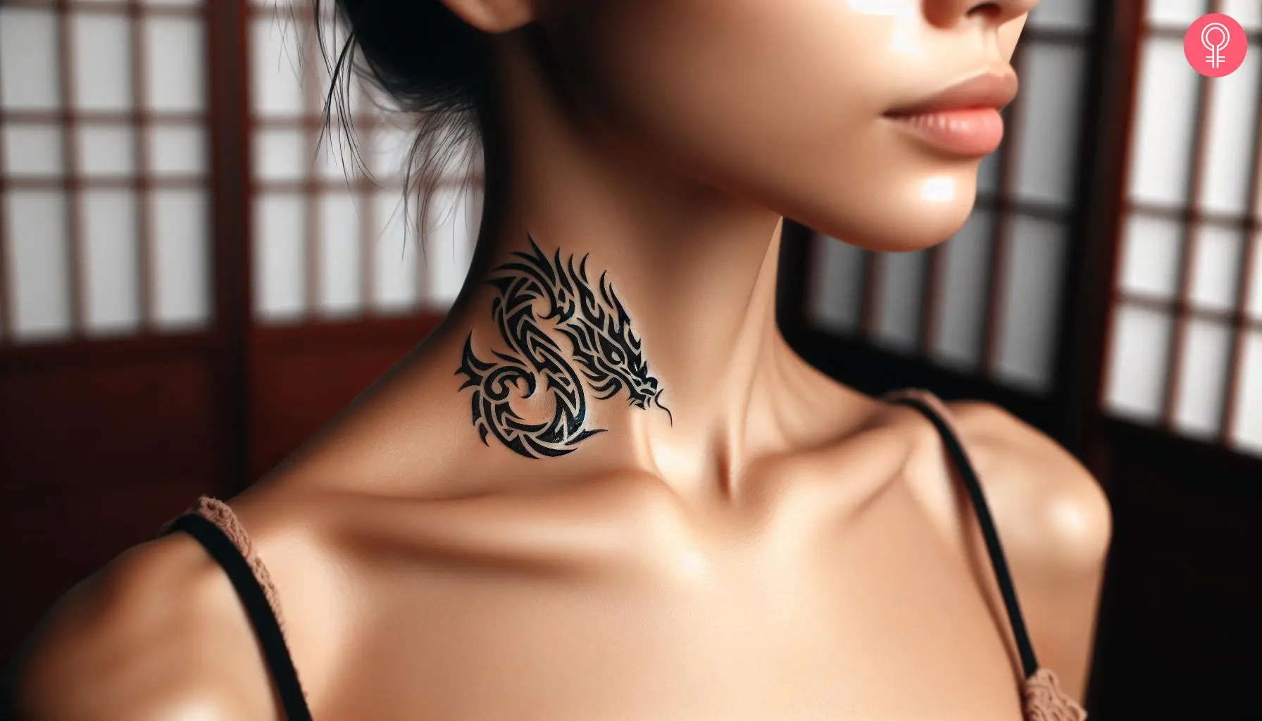 Woman with tribal dragon neck tattoo