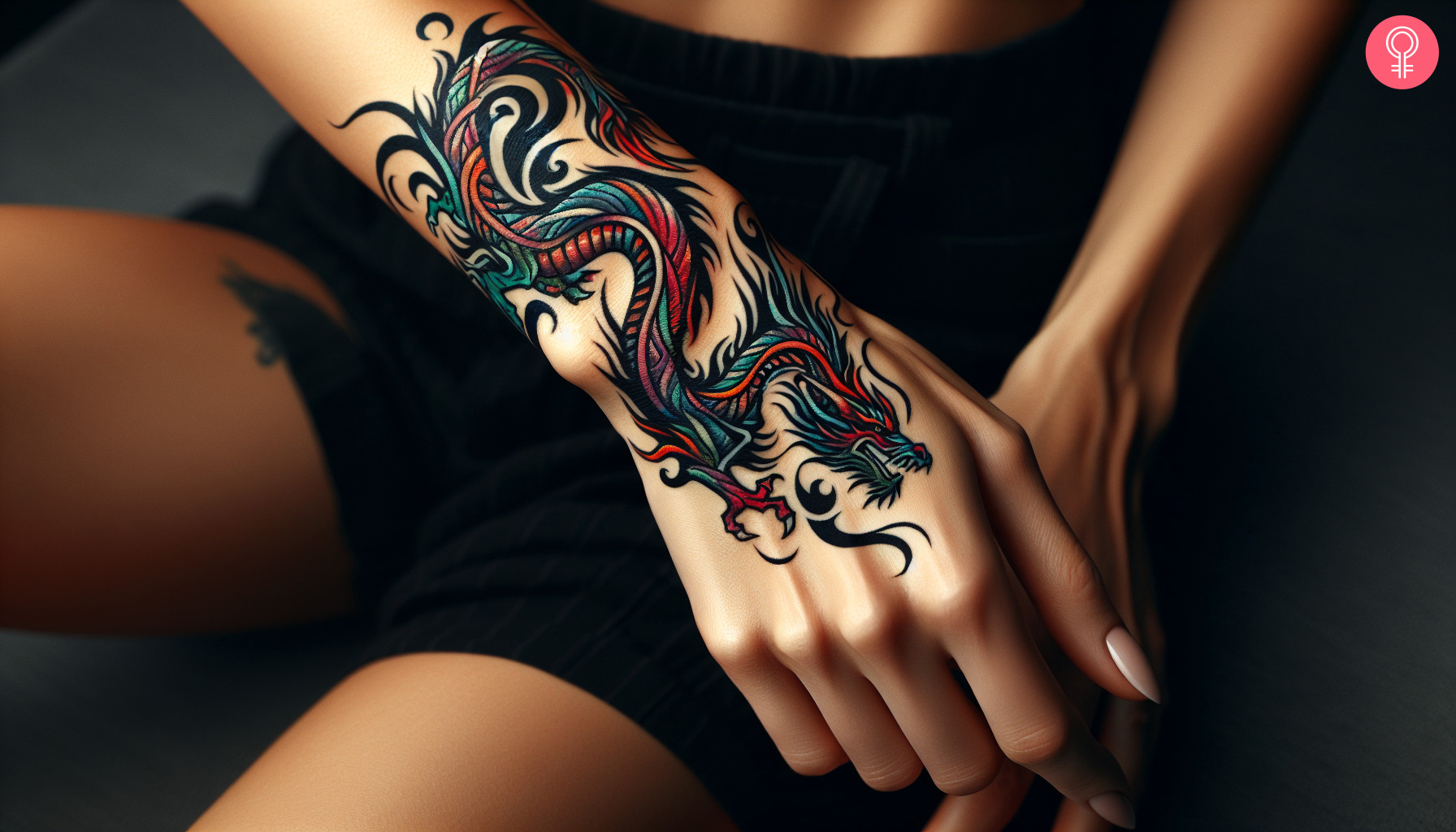 Woman with tribal dragon tattoo with color on her hand