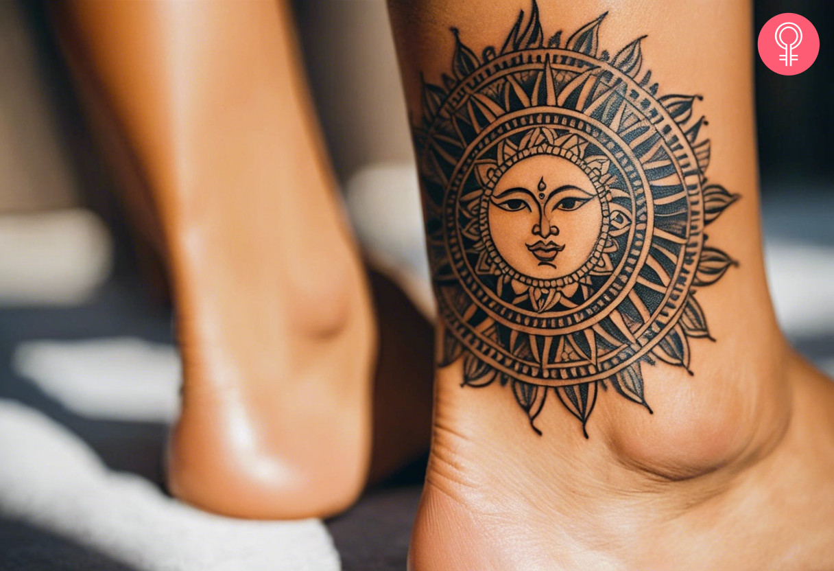 Woman with tribal sun tattoo on her ankle