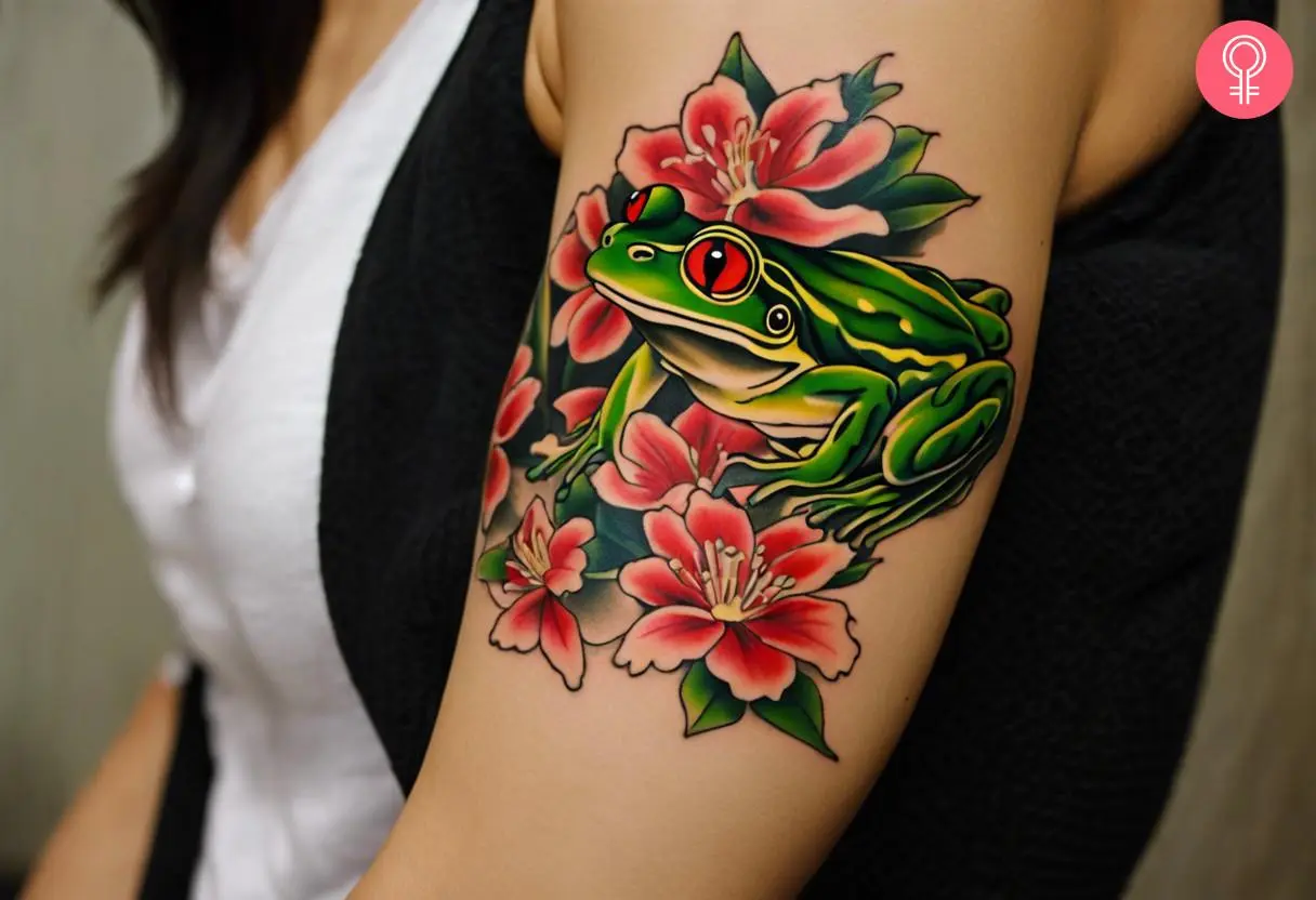 Woman with yakuza Japanese frog tattoo on her outer arm