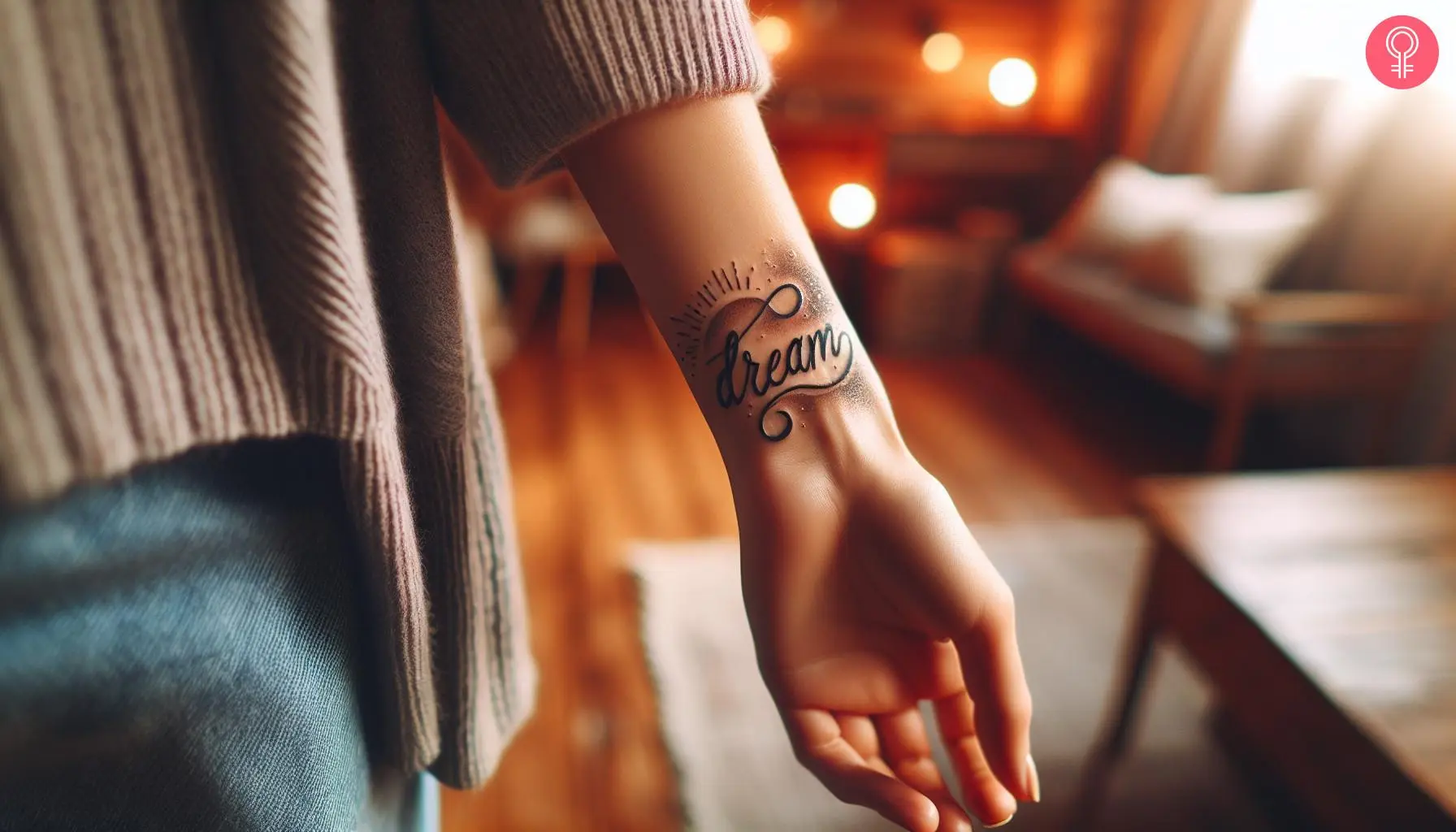 Word dream tattoo on the wrist of a woman