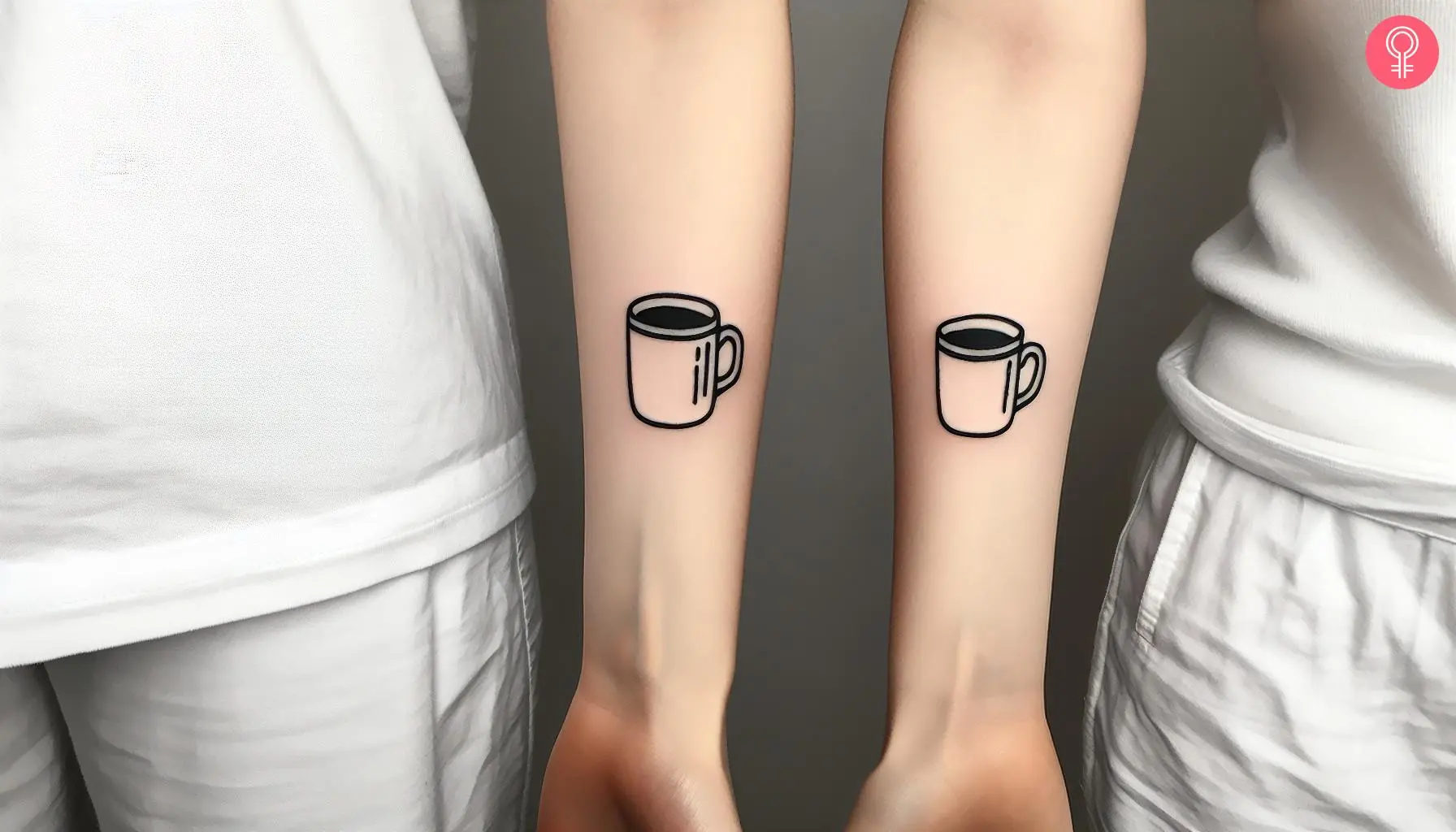 Tiny matching line coffee mug tattoos on the wrist