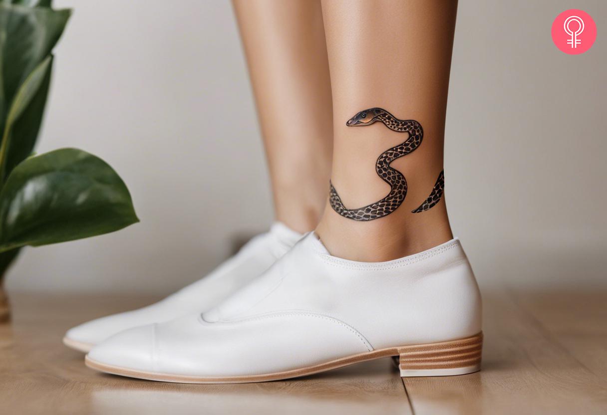 Snake tattoo around a woman's ankle