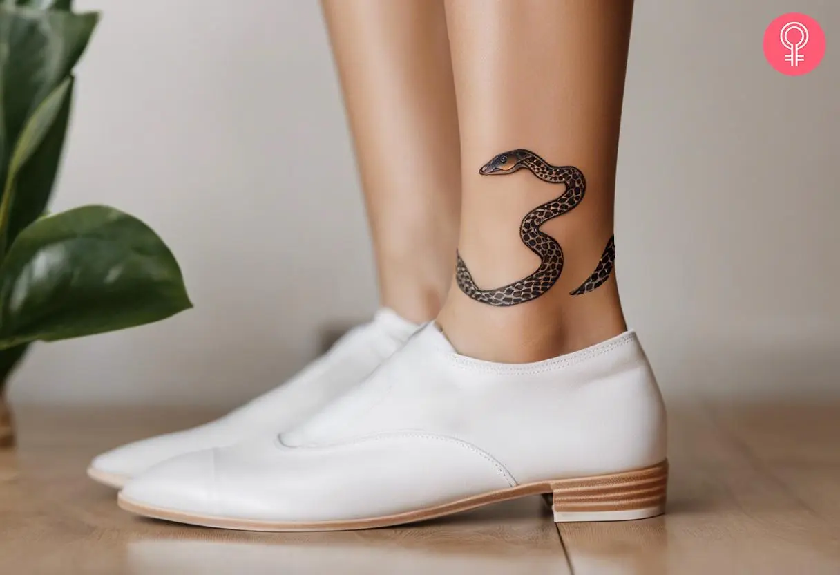 Snake tattoo around the ankle of a woman