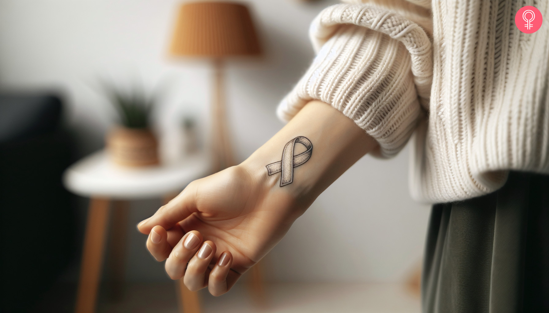 A white lung cancer ribbon tattoo on the wrist