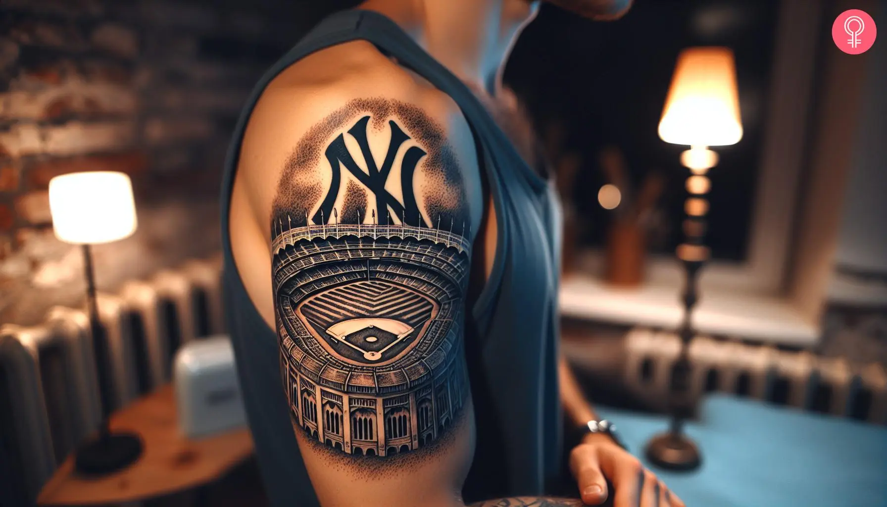 Yankee stadium tattoo on the upper arm of a man