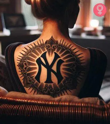 A New York skyline tattoo on the upper arm of a woman