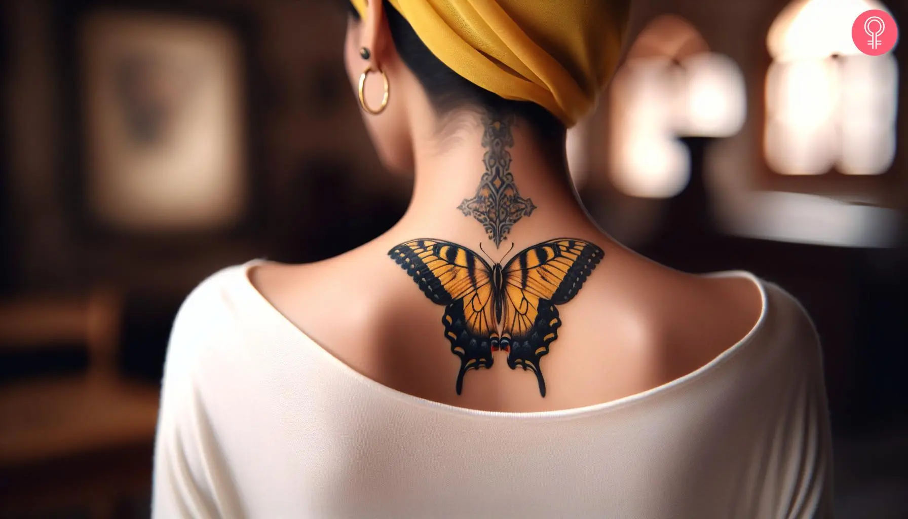 Yellow swallowtail butterfly tattoo on the upper back of a woman