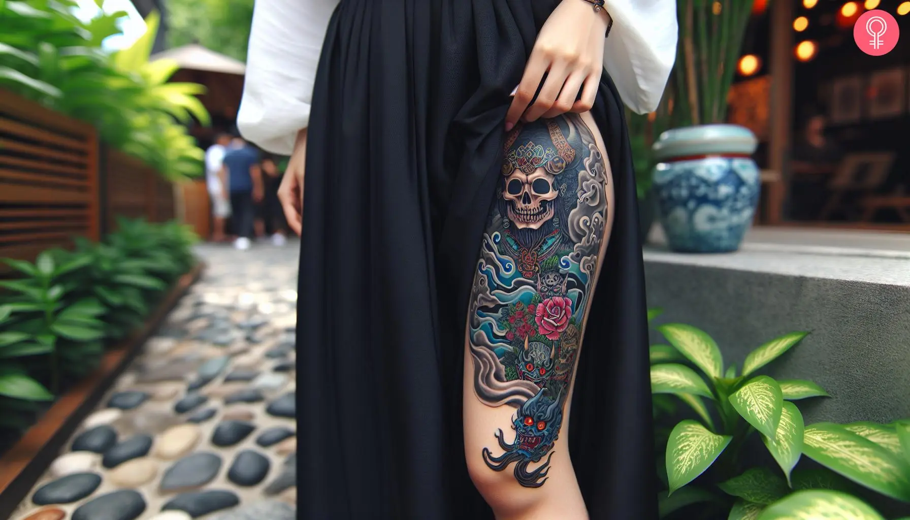  Yokai japanese skull tattoo on the thigh of a woman