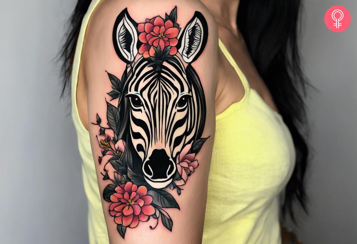 A zebra tattoo with flowers on the upper arm