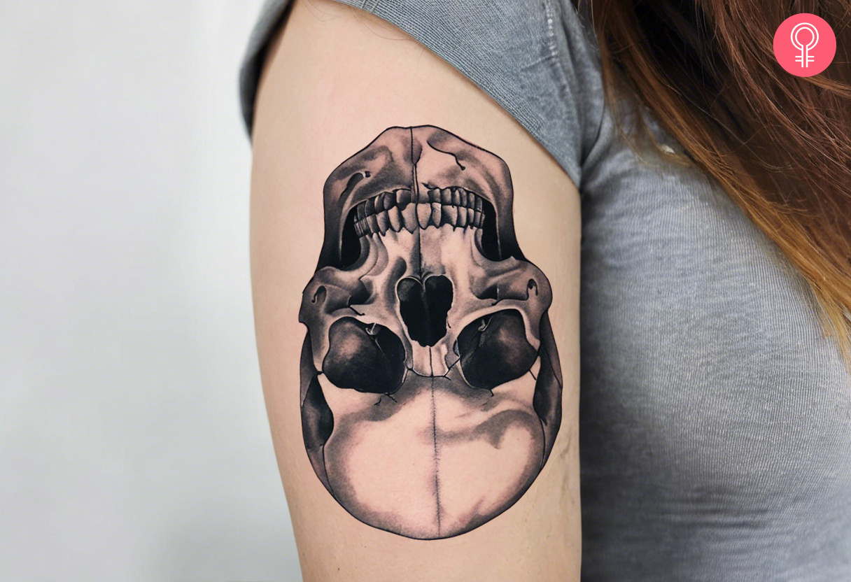 An inverted skull tattoo on a woman’s upper arm