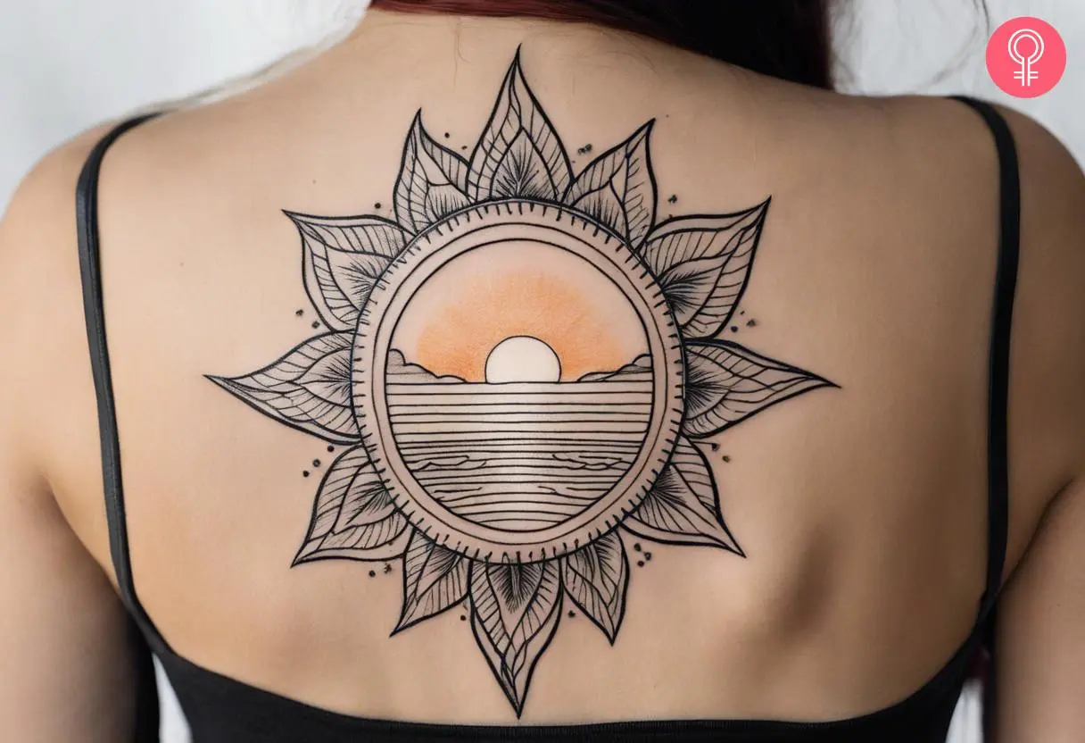 woman with Half Sun Line Tattoo on her upper back