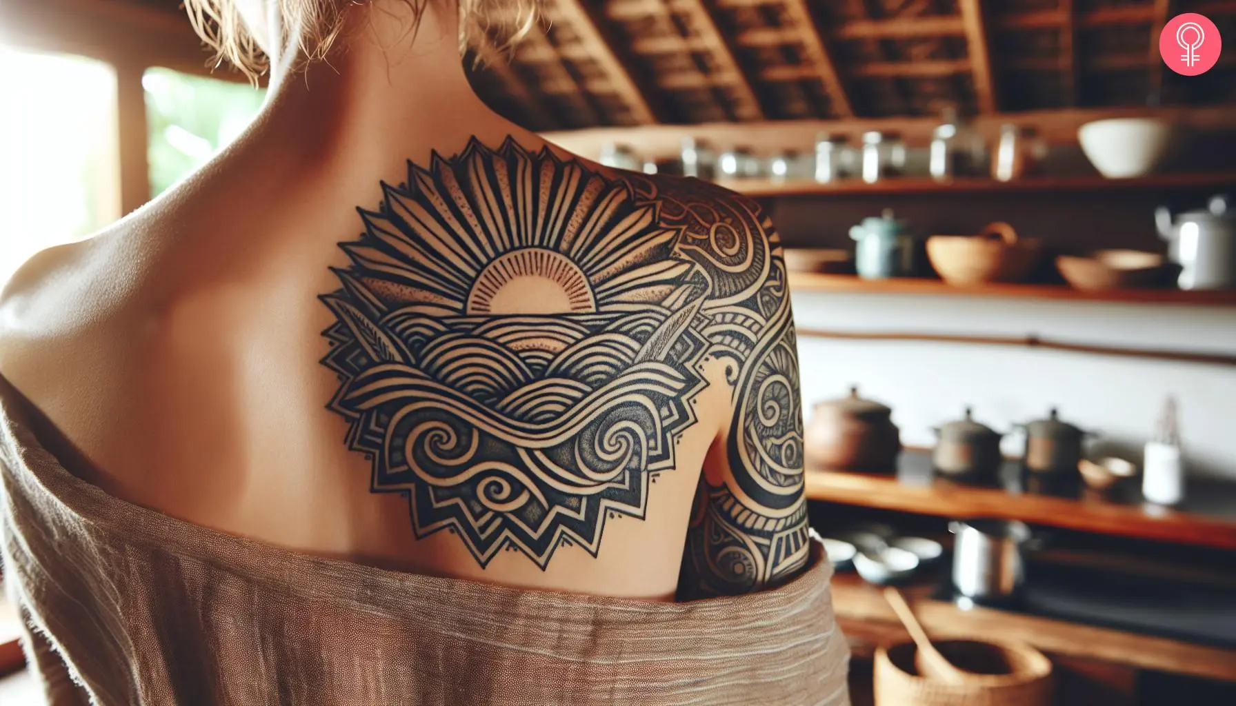 woman with Tribal Half Sun Tattoo on her upper back