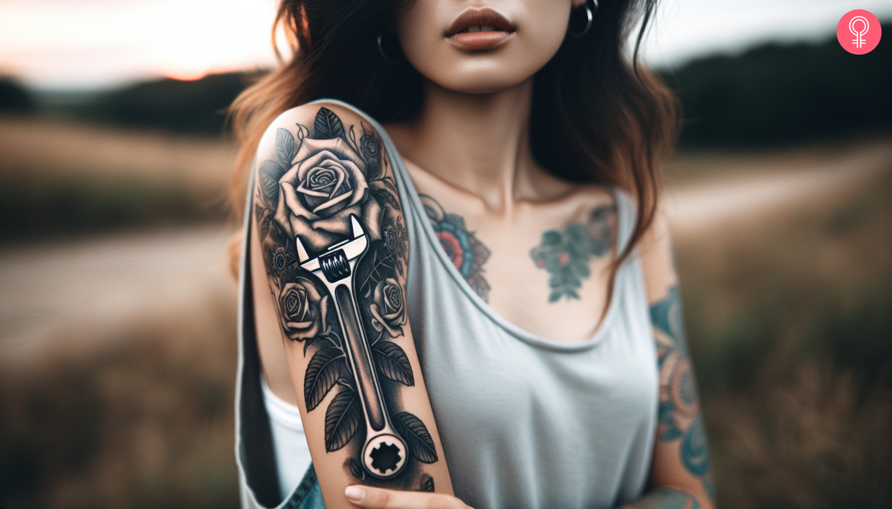 woman with a wrench and roses tattoo on the upper arm