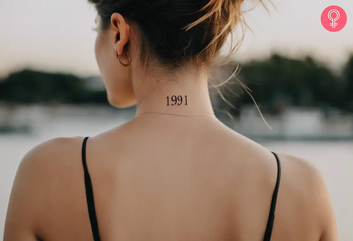 Woman with 1991 neck tattoo