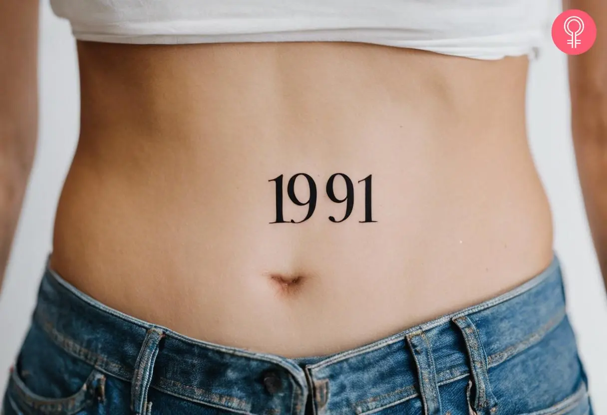 Woman with 1991 stomach tattoo