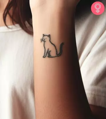 An aged cat tattoo on the wrist