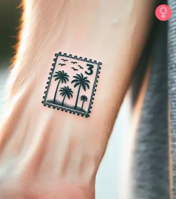 A man wearing a postage stamp tattoo on the wrist