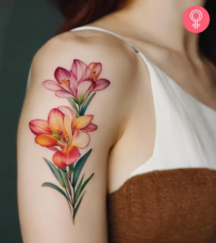 A freesia tattoo on a woman’s forearm