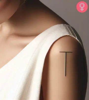 A woman wearing a ‘T’ style letter tattoo on the upper arm.