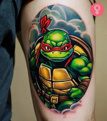 A vivid Raphael tmnt tattoo on the back of the upper arm