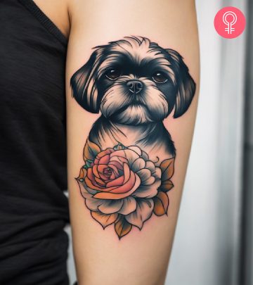 A watercolor paw tattoo on the forearm