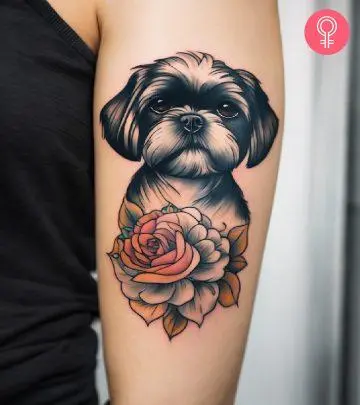 A watercolor paw tattoo on the forearm