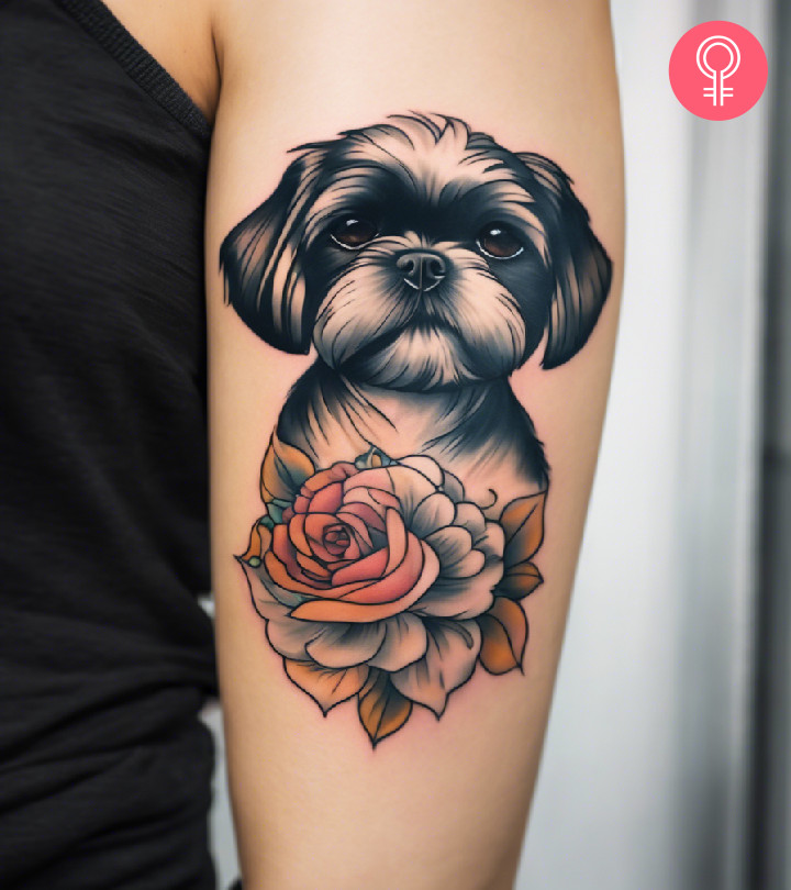 A woman with a colored Shih Tzu tattoo on her upper arm