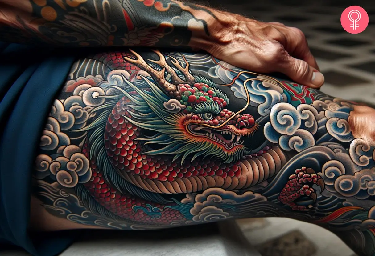 A Japanese dragon upper thigh tattoo