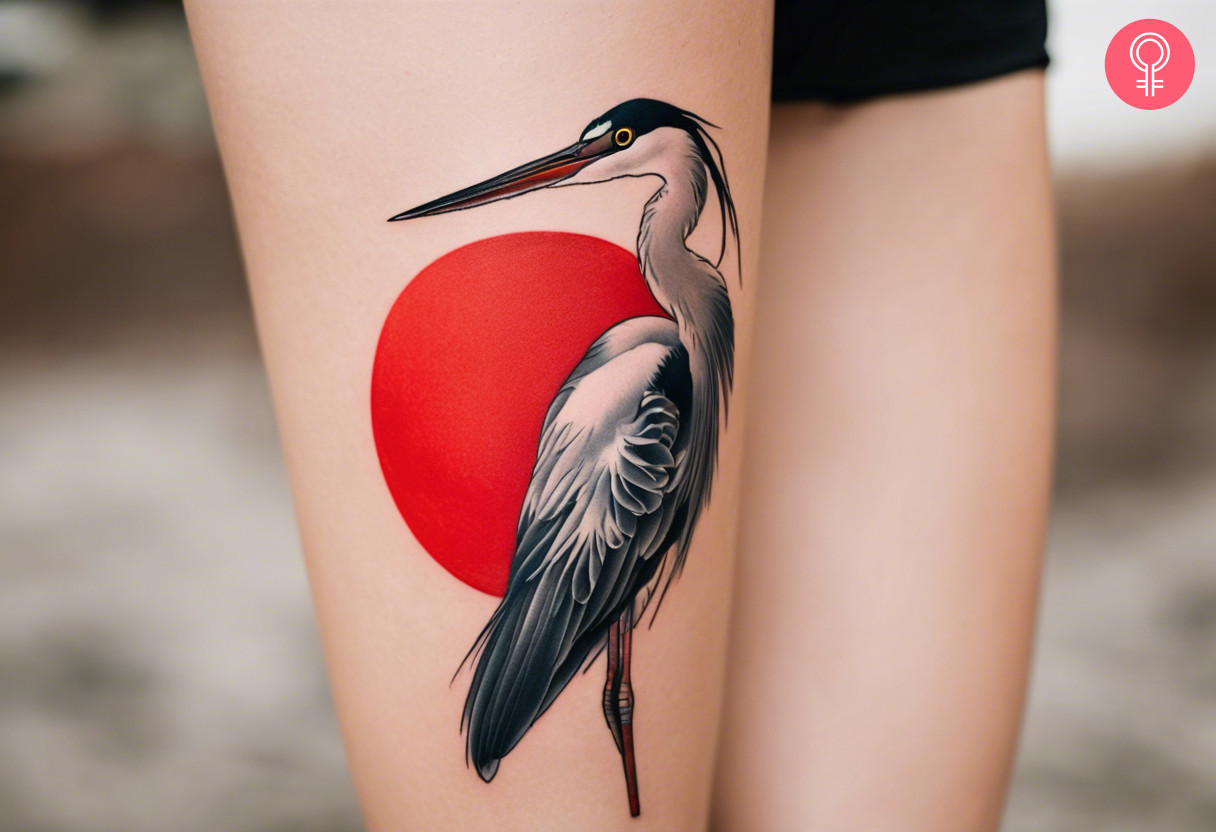 A Japanese heron tattoo on a woman’s thigh