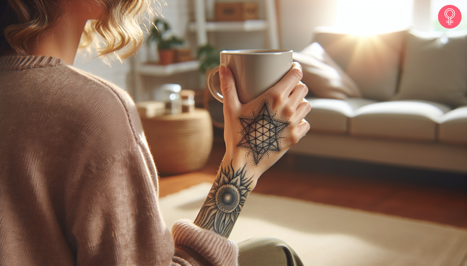 A Merkaba tattoo with intricate dotwork on the upper hand