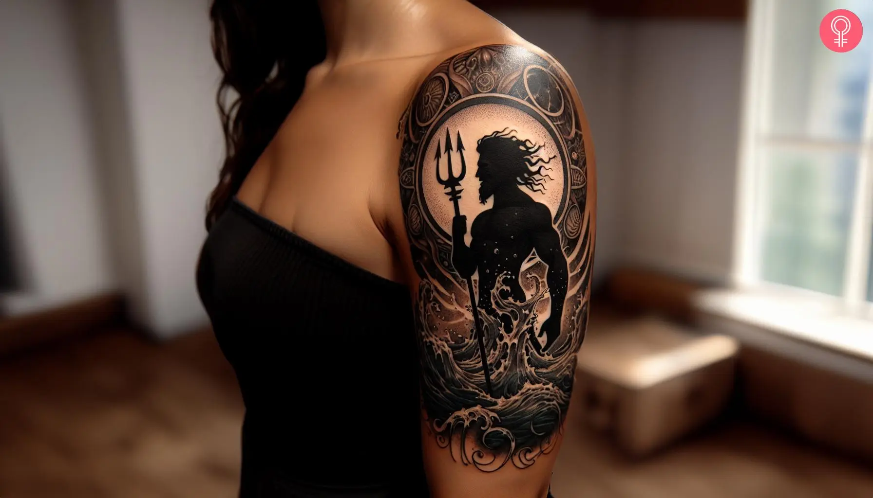 A Poseidon silhouette tattoo with his trident on the upper arm