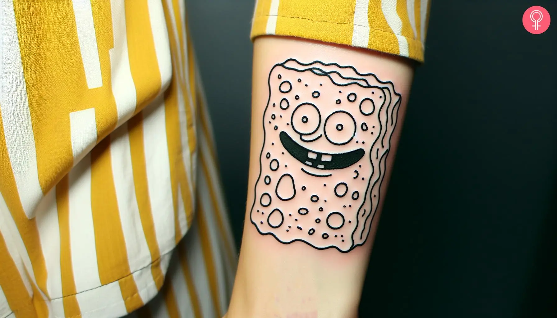 A SpongeBob doodle tattoo on the forearm