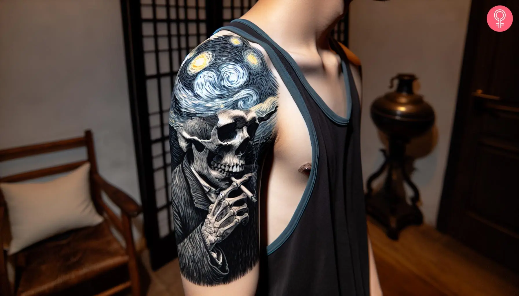 A Van Gogh skull with a cigarette tattoo and swirly skies