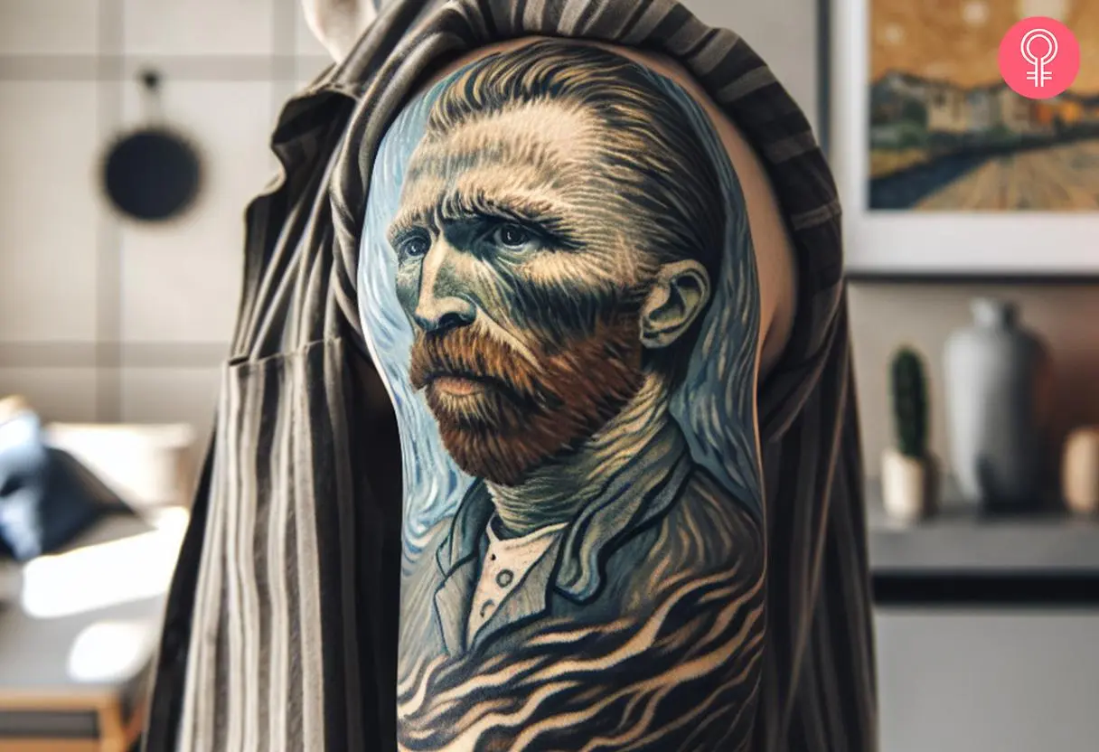 A Vincent Van Gogh self-portrait tattoo on the upper arm