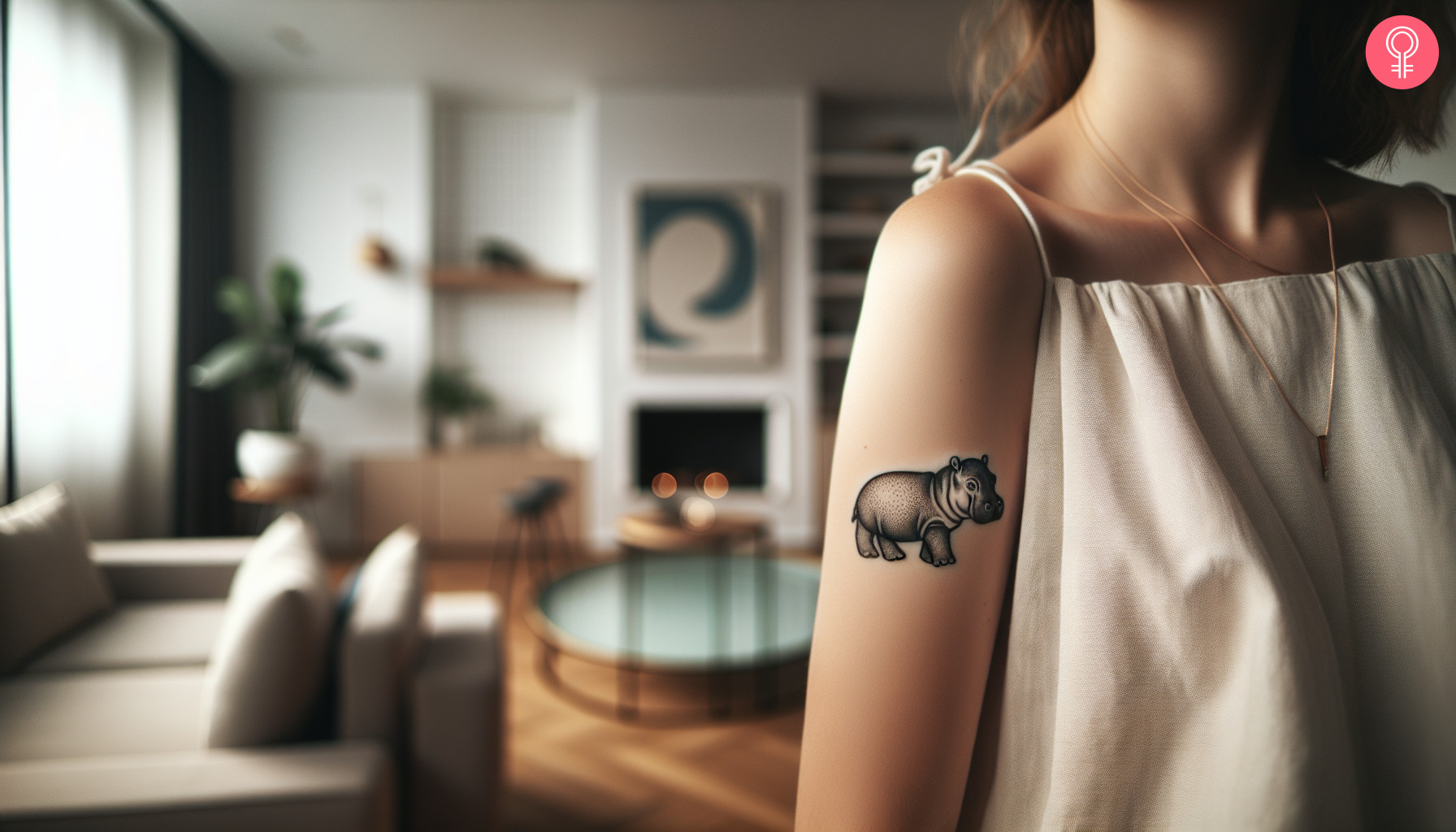 A baby hippo tattoo on the upper arm of a woman