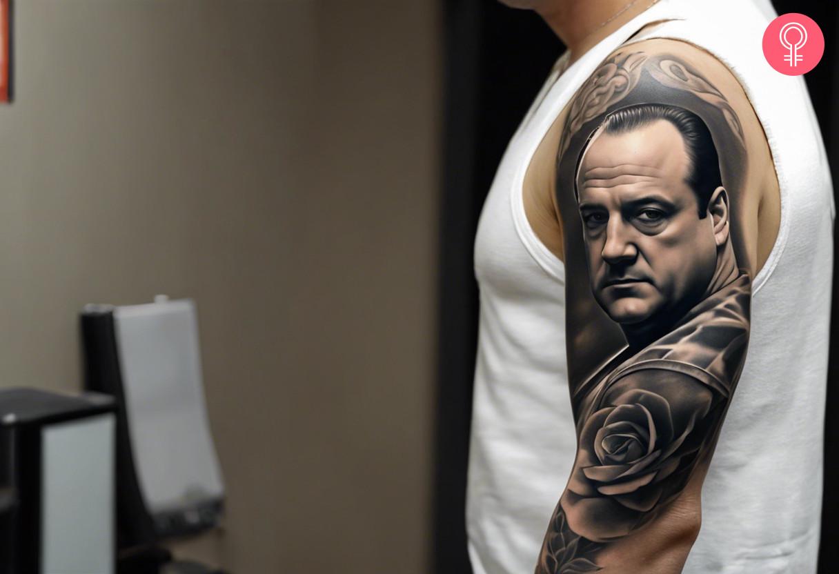 A black and gray Tony Soprano sleeve tattoo with a rose