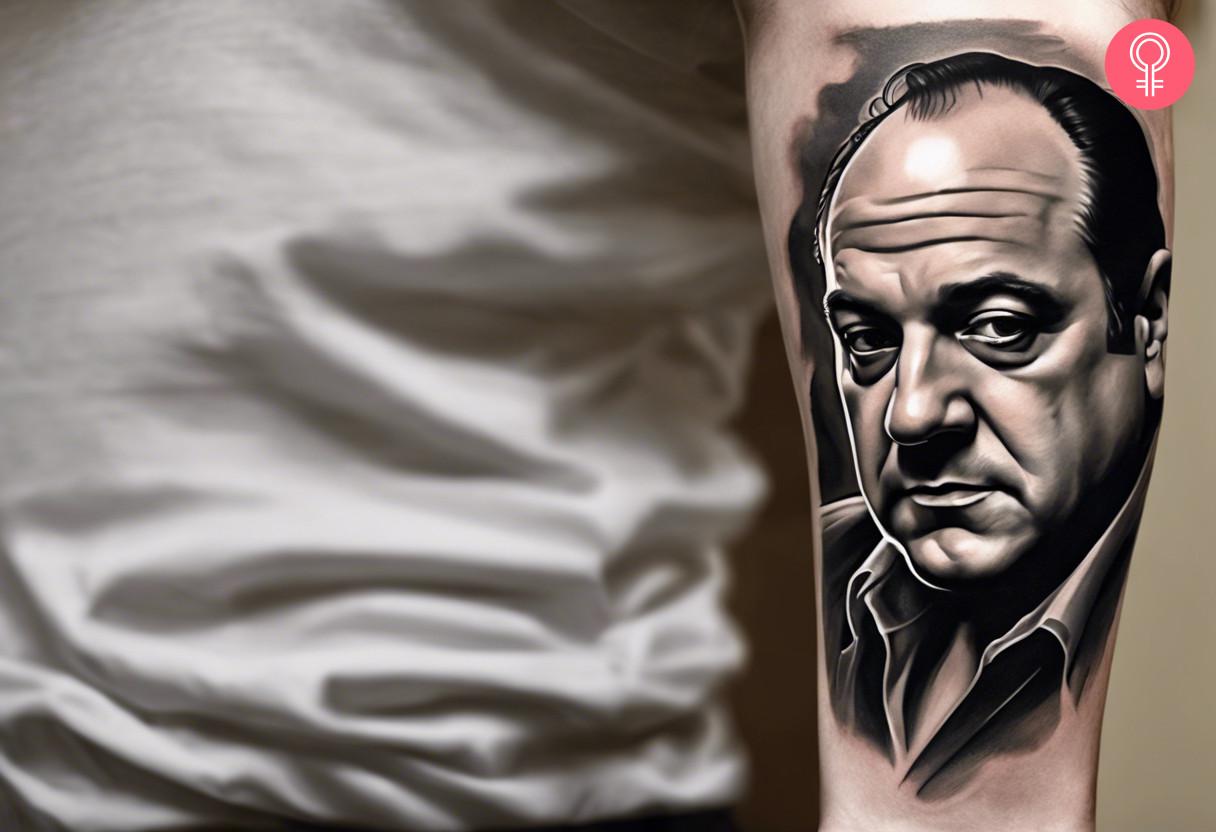 A detailed black and gray portrait of Tony Soprano