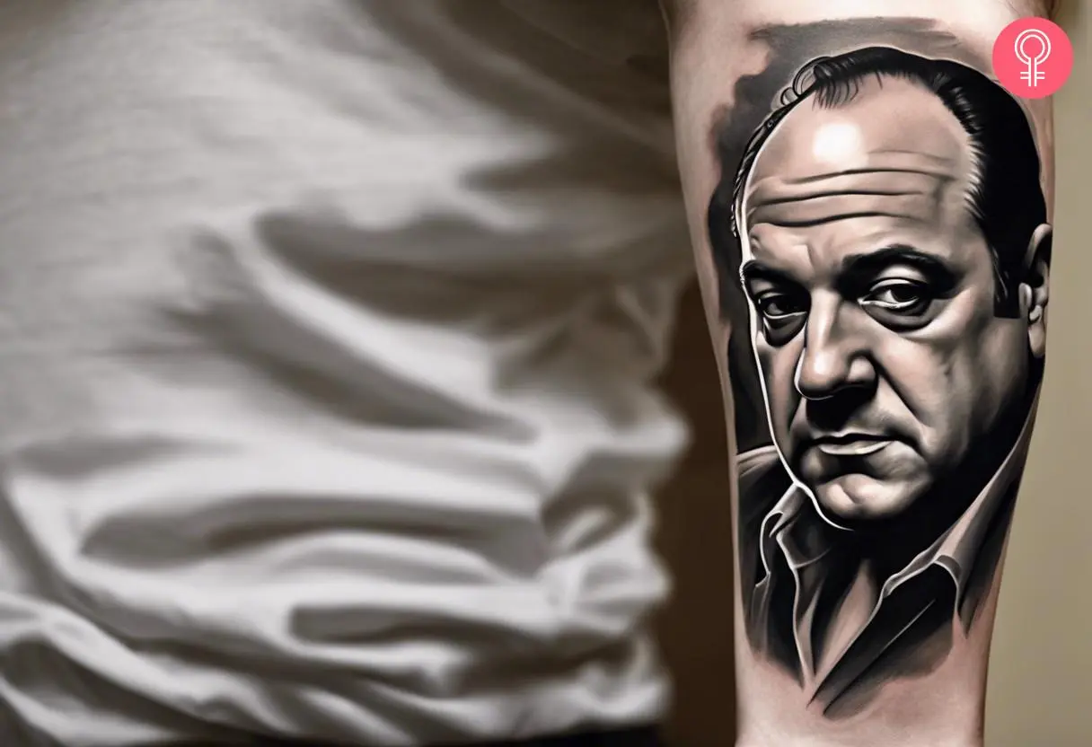 A black-and-grey detailed portrait of Tony Soprano