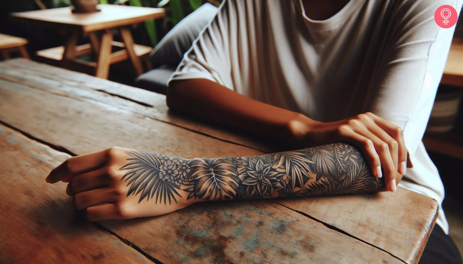 A black and grey jungle foliage tattoo on the back of the forearm