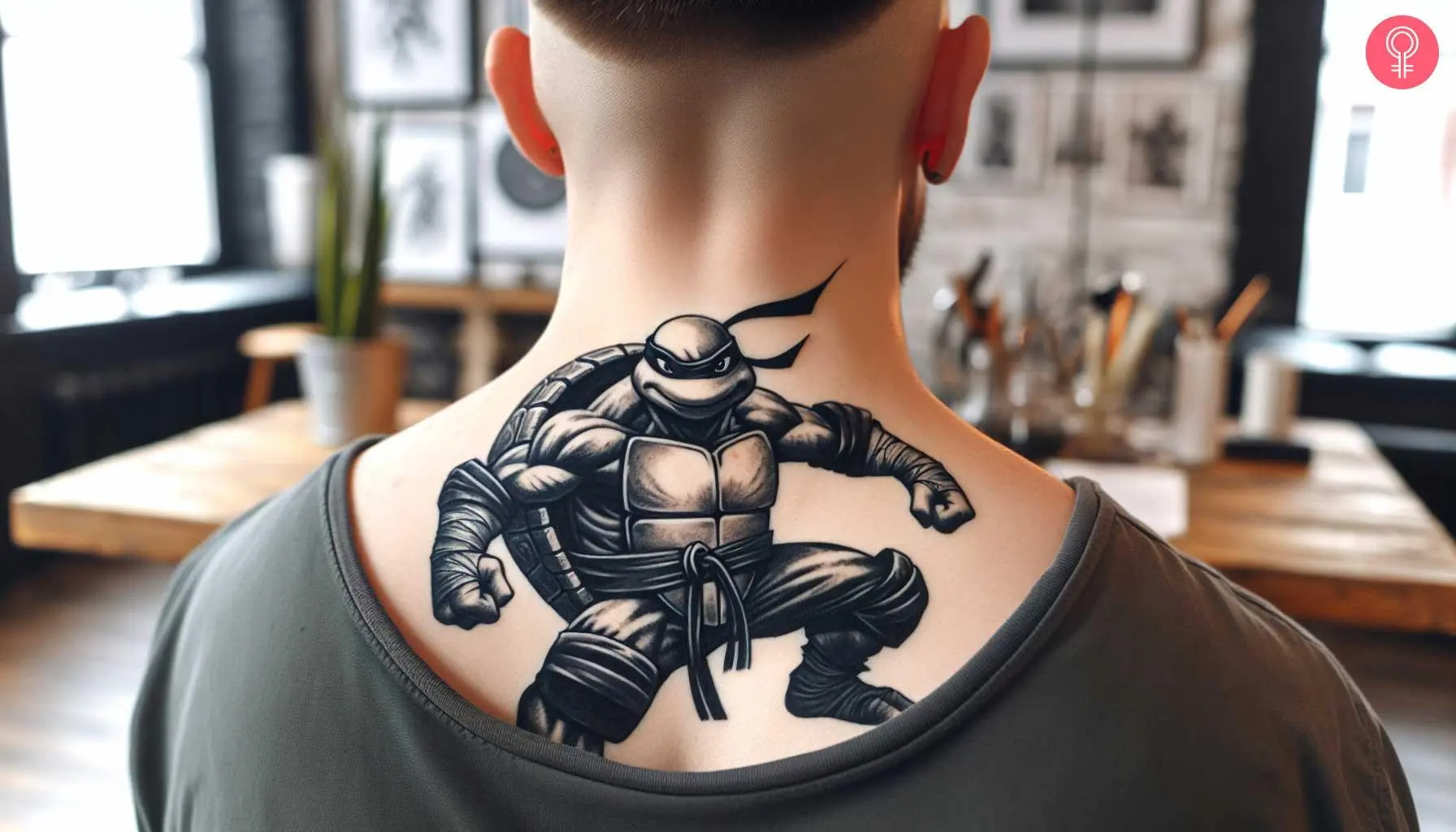 A black-and-white ninja turtle tattoo on the back of the neck