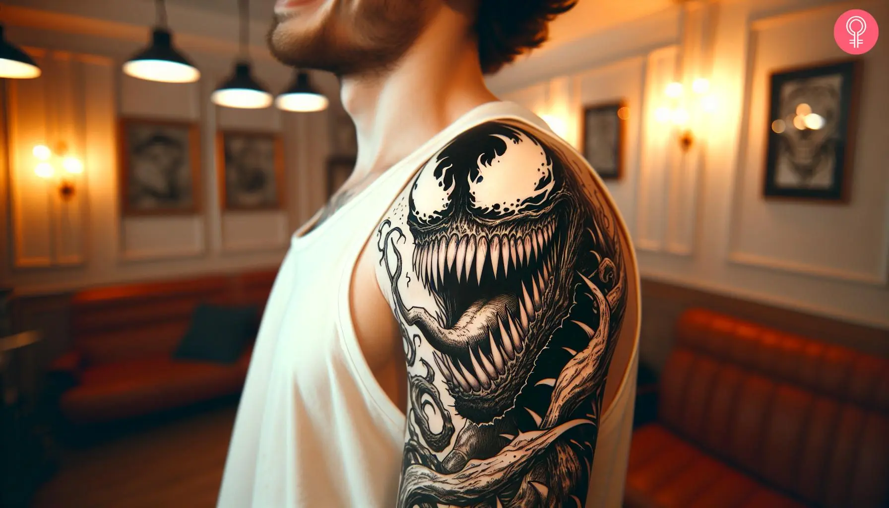 A black-and-white tattoo of Carnage on a man’s shoulder and upper arm