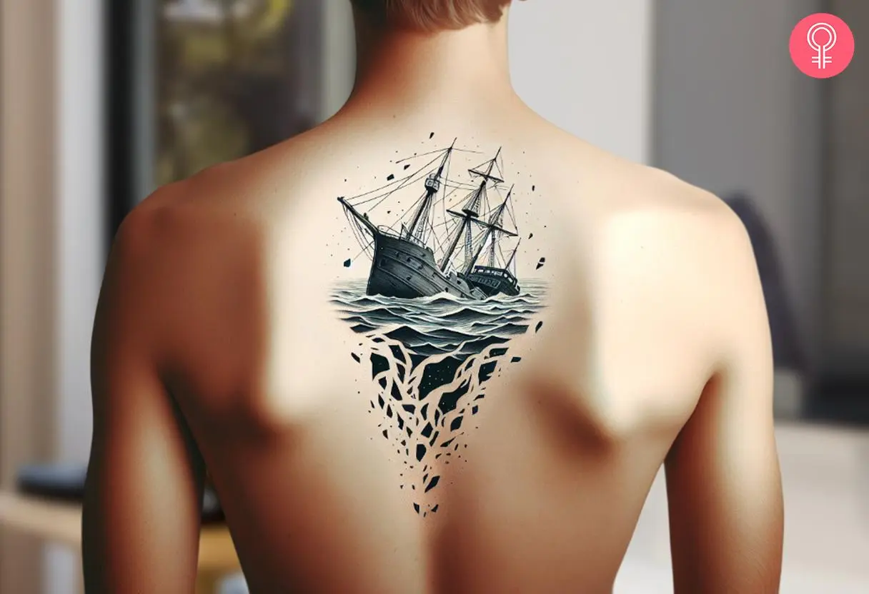 A black and white tattoo of the ship stuck in ice in the middle of the sea