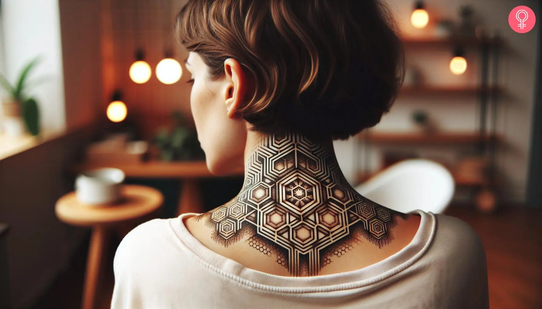 A black ink 3D hexagon tattoo at the back of the neck