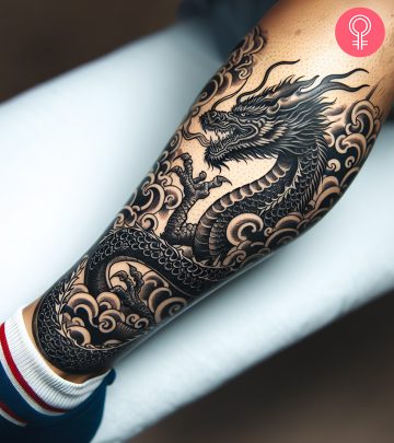 A black ink dragon calf tattoo
