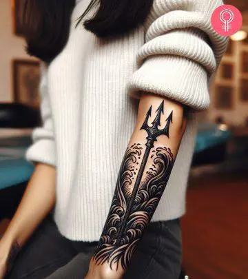 A black ink forearm tattoo with a trident of Poseidon