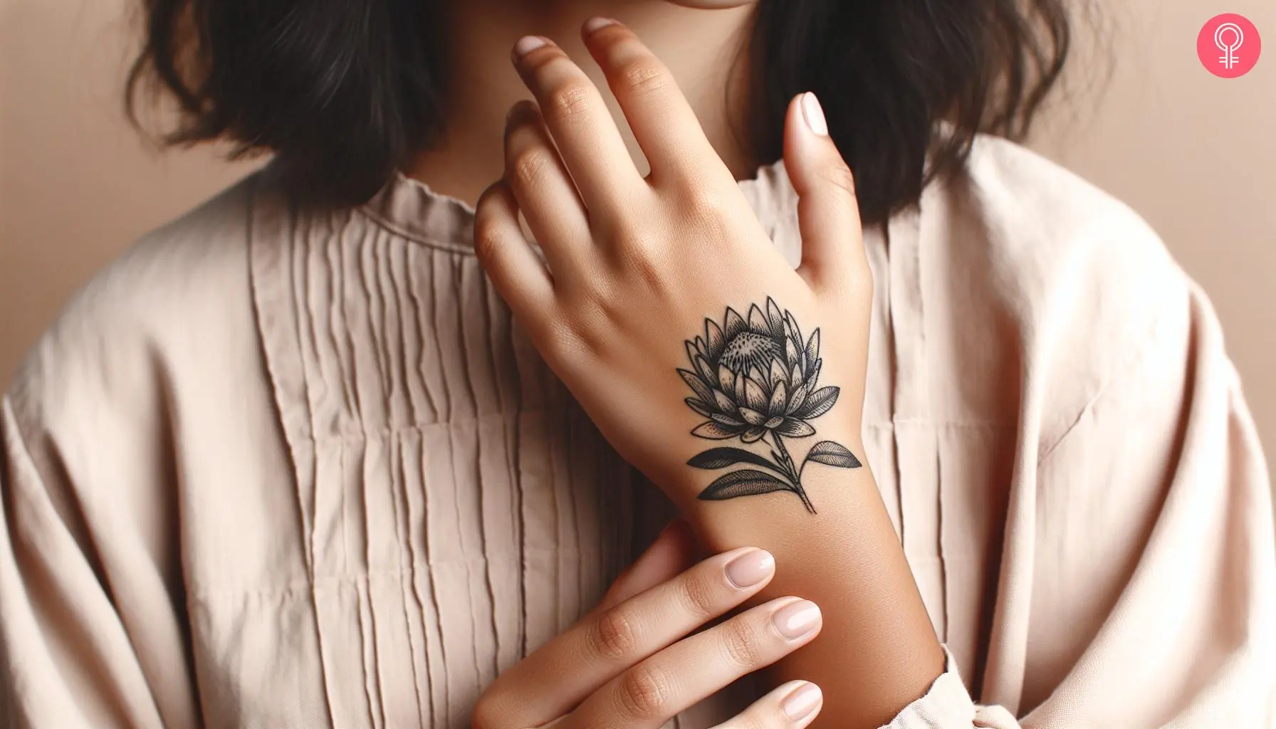 A black ink protea tattoo at the back of the hand